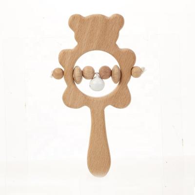 China Infant Bed Bell Rattle Toy Custom Funny Baby Teether Soft Bear Shape Calming Toy Natural Beech Wood Rattle for sale