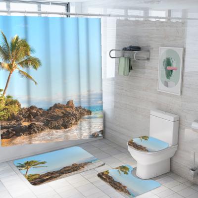 China Sustainable 3D Color Beach Printing Bathroom Sets Shower Curtain Washable Shower Curtain for sale