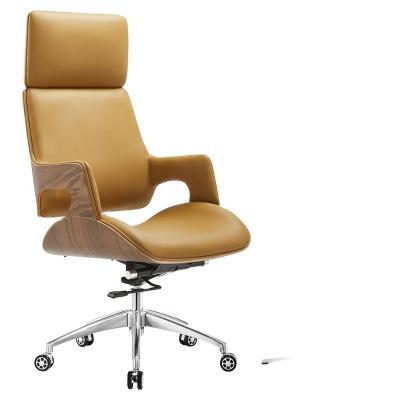 China The (Height)Adjustable Office Rotating Office Wood Chair Brown Leather Indoor Chair With Base Aluminum Wood Back Swivel Chair Brass Color for sale