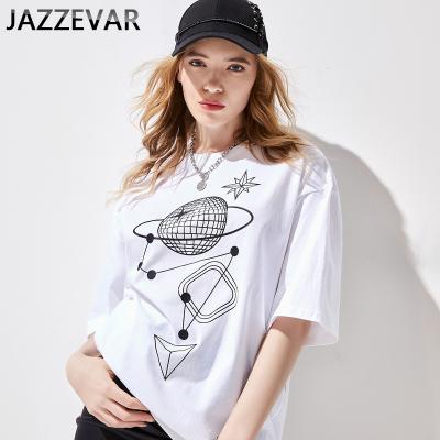 China JAZZEVAR2021Summer Anti-wrinkle women's cotton plus size T-shirts for round neck printed loose short sleeve T-shirts for sale