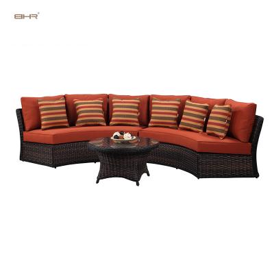 China Rattan Round Sofa Indoor Semi Circle Rattan Modern Style Furniture With Fire Pit Set Round Tea Table Set Outdoor Furniture Garden Set for sale