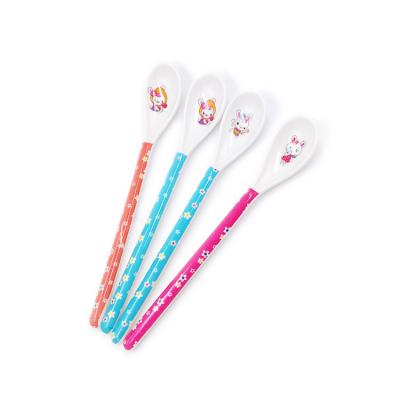 China Traditional Children's Tableware Food Complementary Spoon Handle Baby Spoon Cartoon Pattern Melamine Long Stirring Spoon for sale