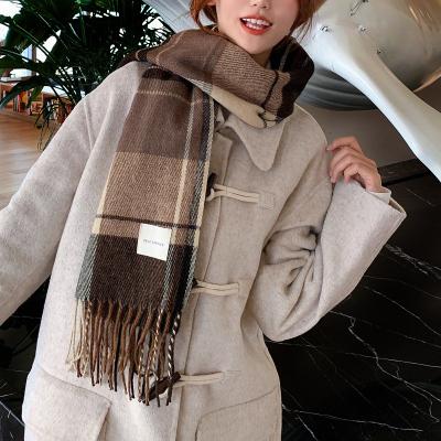 China Solid Color Check EE448 Autumn Winter Classic Vintage Plaid Thicken Cable Knitted Faux Cashmere Wool Soft Women Warm Scarf With Tassel for sale