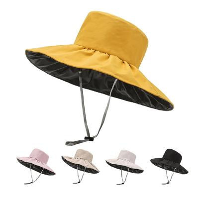 China AA025 Picture Girls UV Sun Beach Hats Anti Plain Foldable Black Vinyl Bucket Hat Summer Sunshade Big Wide Brim Fisherman Hats for sale