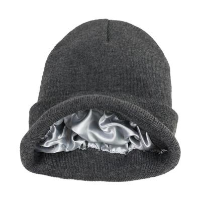 China FZ16 Warm Winter Beanie Knit Hat Satin Lining Acrylic Material Hats Knit Hats Sport Long Ribbed Cuff Knit Beanie for sale