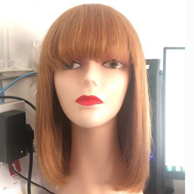 China Silky Straight Wave 12 Inch Light Blonde Wig For Women Brazilian Straight Hair Pixie Cut Wigs With Bangs Machine Made Short Wig 150% Density BOD for sale