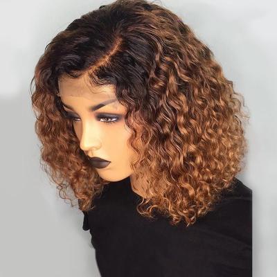 China 13x4 Curly Lace Front Human Hair Wigs Wholesale 1B/27 Honey Blonde Curly Brazilian Short Bob Lace Frontal Wig Bob for Colored Women for sale