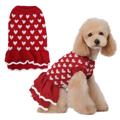 China Soft Viable Pet Valentines Day Knitwear Sweater Clothes Warm Princess Style Dog Love Heart Sweater Dress for sale