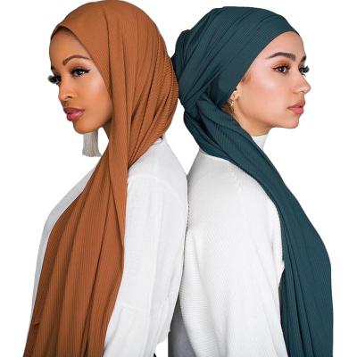 China Factory Price Elegant Simple Popular Elastic Ribbed Tank Top Muslim Hijab Women Crinkled Scarf Wrinkle Headwraps For Women for sale