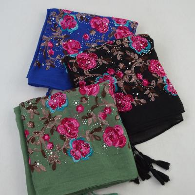 China Fashion Factory Supplier Interesting Floral Embroidery Cotton Scarf With Diamond Floral Long Shawl With Tassel Muslim Hijab for sale