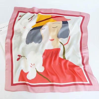 China 70*70CM Beautiful Elegant Girl Silk Printed Square Scarves Digital Satin Hijabs Headband Gifts for sale