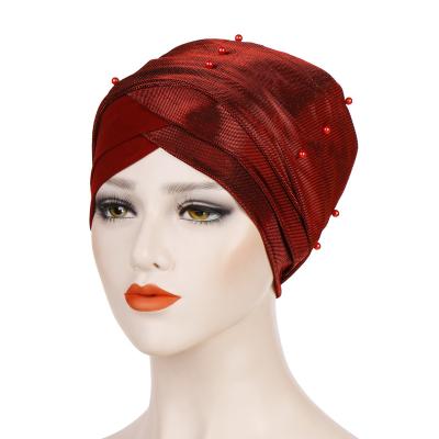 China Polyester Two Inner Color Trendy Hijab Pearl Fashion Plain Plain Beaded Turban Hood Ready To Use Islamic Hat for sale