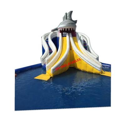 China 2021 New Design 0.55mm PVC Tarpaulin Inflatable Shark Water Park, 2 Lanes Inflatable Water Slide With Combo Pool For Kids And Adult for sale