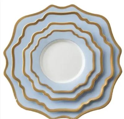 China Sustainable 13 inch Creative European Glossy Ceramic Blue Porcelain Dining Plate Set for sale