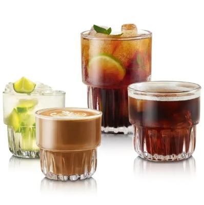 China Simplicity Retro ribbed fruit juice cup, handheld glass cup, stackable corrugated coffee drum for sale