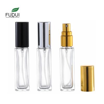 China FUDUI PWP05 Cosmetic Gold and Silver Small Sample Perfume Portable Glass Bottle 5ml 10ml Square Empty Spray Bottle for sale