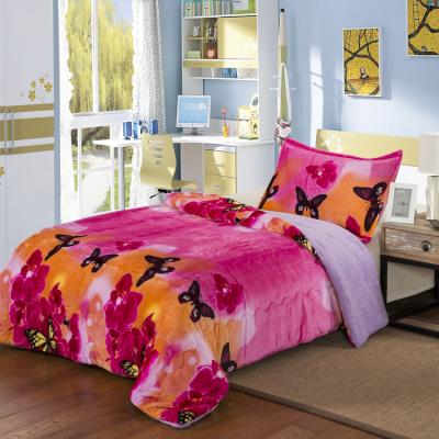 China 2021 Pastoral New Leaf Coral Velvet Printed Floral Flannel No Pilling Fabric Bedding Set For Girl for sale