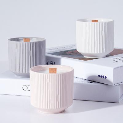 China European Heat Resistant Nordic Style Stripe Candle Containers Lace White Gray Cheap Ceramic Empty Candle Jars For Home Decor for sale