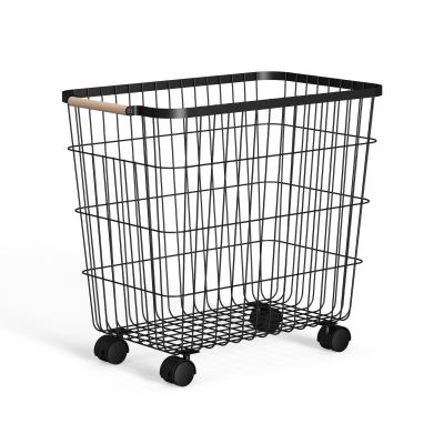 China Home Rectangle Iron Metal Wire Laundry Basket with Bamboo Handle and Wheels for sale