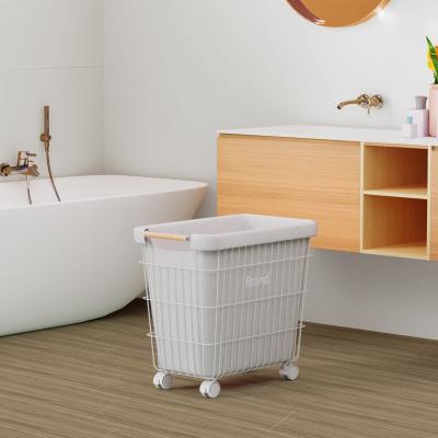 China Home Rectangle Iron Metal Wire Laundry Basket with Bamboo Handle and Wheels for sale