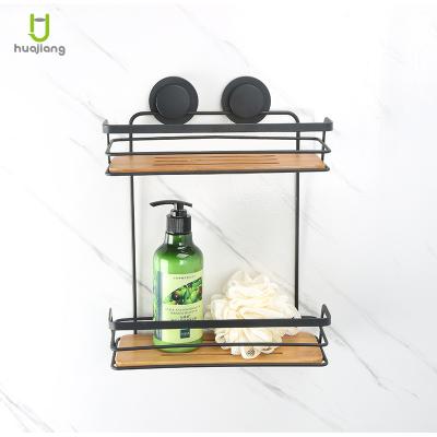 China Black Bamboo Bathroom Shower Rack with Easy-loc Suction Wall Mounted Basket Shelf for sale