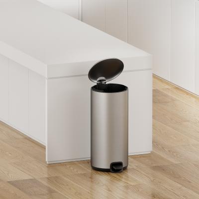 China 30L Stainless Steel Thin Lid Pedal Trash Bin For Household Kitchen Bathroom Soft Close Round Metal Waste Bin Dustbin for sale