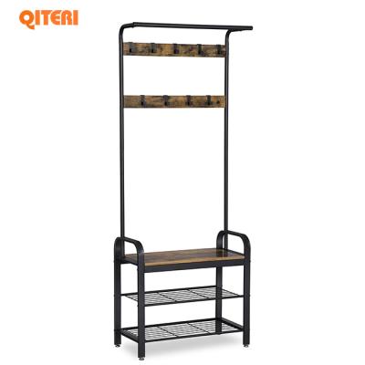 China Multifunctional Hot Sale Industrial Wood and Metal Entryway Coat Rack Shoe Bench with 9 Hooks for Storage, Rustic Hall Tree Shelf for sale