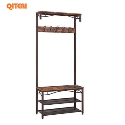 China Multifunctional Industrial Coat Rack, 3-in-1 Hall Tree, Entryway Shoe Bench Coat Rack Storage Shelves Accent Tall Furniture Metal View for sale