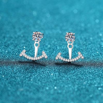 China Vintage 925 Sterling Silver Female Earrings with Two Wearing Four Claw Micro Inlaid Broken Diamond Earstuds Moissanite Smiling Earrings for sale