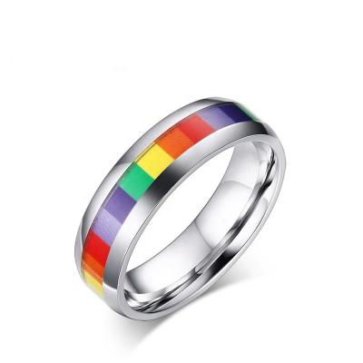 China Fashion 6mm Stainless Steel Enamel Rainbow LGBT Pride Ring For Lesbian Gay Rings For Wedding Engagement Band for sale