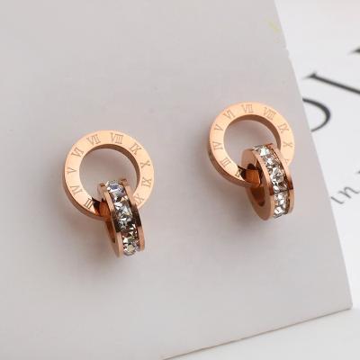 China Hotsale Women Jewelry CLASSIC Custom Made Fashionable Girls Roman Numeral Engraved Zircon Double Two Round Circle Snap Stud Earrings for sale