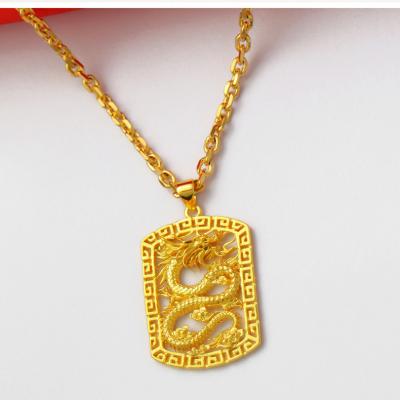 China Fashion 18K Gold Color Boss Brass Hollow Out Dragon Rectangular Military Tag Dog Tag Dragon Charm Pendant Necklace For Men for sale