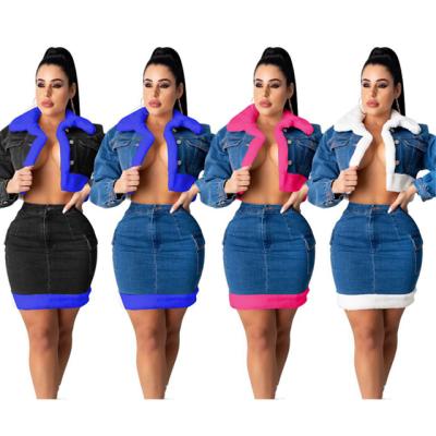 China QUICK DRY GX8330F fashion 2021 winter plush denim women clothing vendor two piece outfit 2 piece denim skirt set for sale