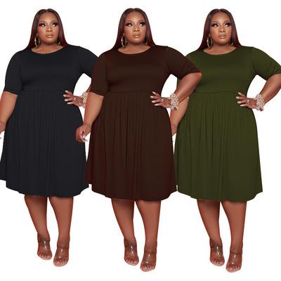 China GX21088 anti-static XL-5XL wholesale plus size summer clothing solid short sleeve casual women plus size dress for sale