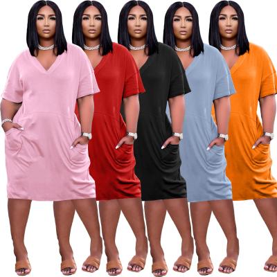 China Wholesale Anti-Static Solid Short Deep V-Neck Sleeve GX6153 Loose Women's Casual Dresses With Pocket for sale