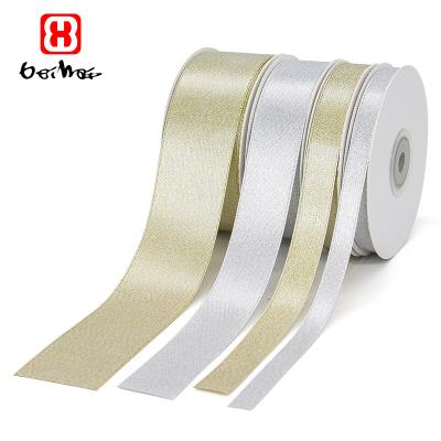 China Custom High Tenacity Face Satin Solid Colors Luxury High Quality Double Ribbon Accepted Embossed Gold Foil Printed Brand Logo For Gift Packing for sale