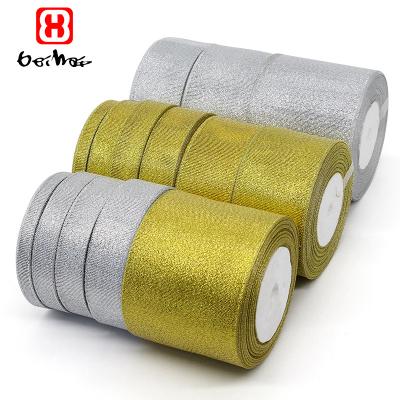 China Wholesale High Tenacity Organza Christmas Gift Shiny Metallic Gold Ribbon Glitter Silver Cable Ribbon For Garment Gift Wrap for sale