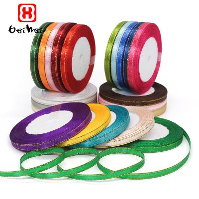 China Factory Direct Selling Good Quality 100% Polyester High Tenacity 6mm Gold Face Edge Satin Single Ribbon Roll Gift For Gift Wrapping for sale