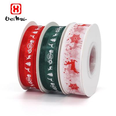 China High Tenacity Christmas Festival 25mm Christmas Organza Ribbon with Logo Printed Craft Ribbon for Christmas Gift Wrapping and Decoration for sale