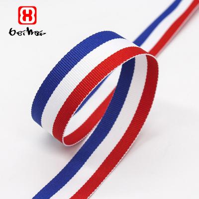 China Factory Customized High Tenacity Craft Ribbon Striped Black/White Striped Blue Dot Woven Polyester Ribbon Stripe For Gift Wrapping for sale