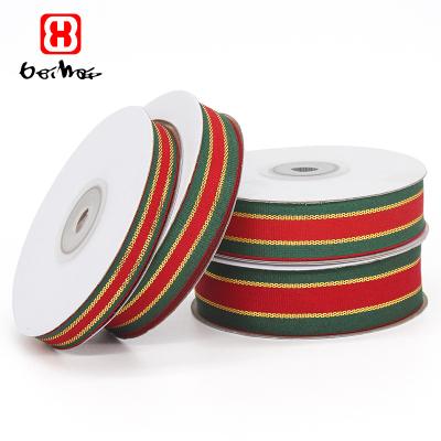 China Bei Hai Factory High Tenacity Hot Selling Stocked 100% Polyester 10mm 25mm Grosgrain Stripe Ribbon Red Green Roll For Christmas Decorations for sale