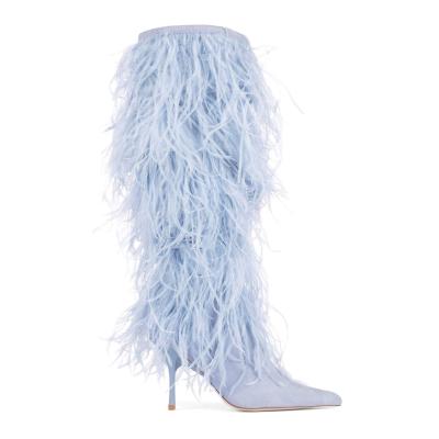 China Durable Designer Boots 2021 Pointed Toe Thin Heel Ostrich Feather Women Winter Boots for sale