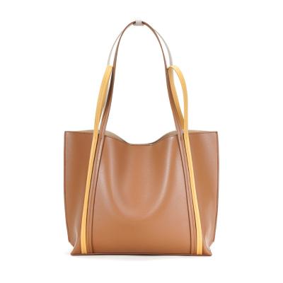 China PORTABLE Stylish Dual-Purpose Handbag Color Block Market Shopping Genuine Leather Tote Bag With Leather Handles for sale