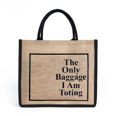 China Natural and Black Handled Color Block Reusable Burlap Laminate Wholesale Jute Shopping Bag for sale