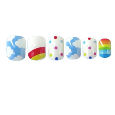 China Easy Apply Kid Nails Wholesale False Nails Rainbow White Cloud Pattern Kids Nail Tips Pre Glued Nail for sale