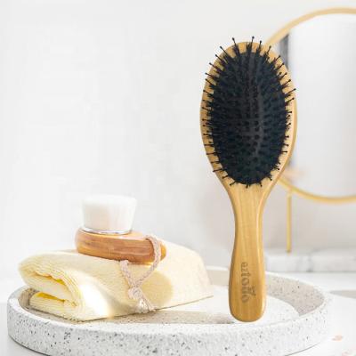 China OEM Wholesale Waterproof Round Paddle Scalp Massager Anti Frizz Detangling Bristle Wooden Hair Brush For Thick Hair for sale