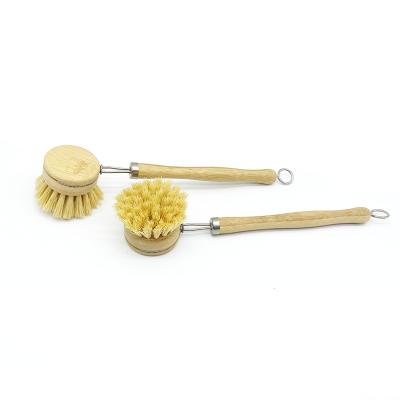 China Eco-friendly Sustainable Vegetable Pot Scrubber Kitchen Accessories Bamboo Sisal Fiber Cleaning Brush With Handle for sale