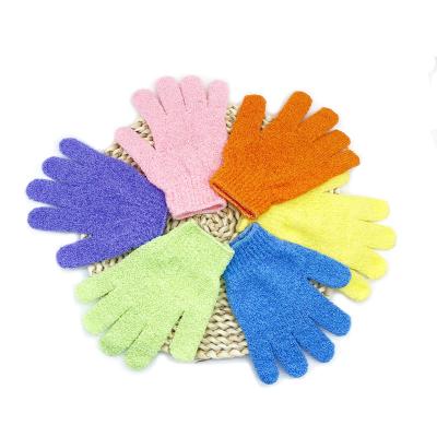 China EXFOLIATE Custom Nylon Five Fingers Exfoliating Gloves Silk Body Scrubber Bath Cleaning Glove For Dead Skin for sale