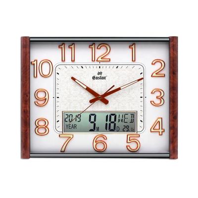 China Calendars Wooden Grain Border Living Room Square Plastic Luminous LCD Calendar Wall Clock for sale