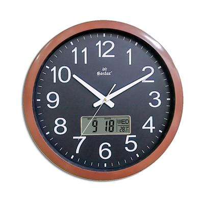 China Class Modern Design Round Double Shape Plastic Household LCD Calendar Display Wall Clock for sale